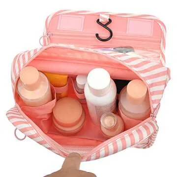 Portable Waterproof Travel Kit Toiletry Cosmetic Bag Hanging Hook for Men Women Pink Stripes