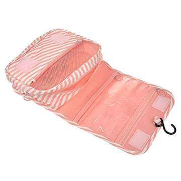 Portable Waterproof Travel Kit Toiletry Cosmetic Bag Hanging Hook for Men Women Pink Stripes