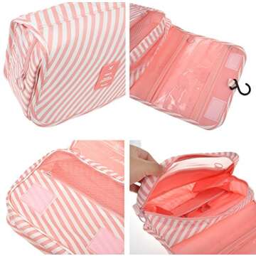 Portable Waterproof Travel Kit Toiletry Cosmetic Bag Hanging Hook for Men Women Pink Stripes