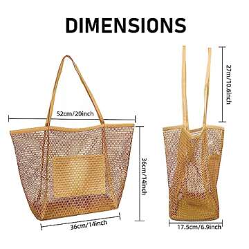 VKIOIP Women Mesh Tote Beach Bag, Casual Foldable Hobo Shoulder Bag for Picnic,Vacation(Khaki)