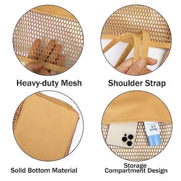 VKIOIP Women Mesh Tote Beach Bag, Casual Foldable Hobo Shoulder Bag for Picnic,Vacation(Khaki)