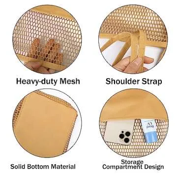 VKIOIP Women Mesh Tote Beach Bag, Casual Foldable Hobo Shoulder Bag for Picnic,Vacation(Khaki)