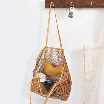VKIOIP Women Mesh Tote Beach Bag, Casual Foldable Hobo Shoulder Bag for Picnic,Vacation(Khaki)