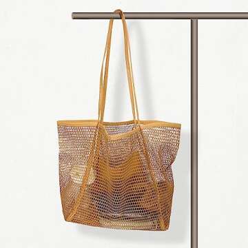 VKIOIP Women Mesh Tote Beach Bag, Casual Foldable Hobo Shoulder Bag for Picnic,Vacation(Khaki)