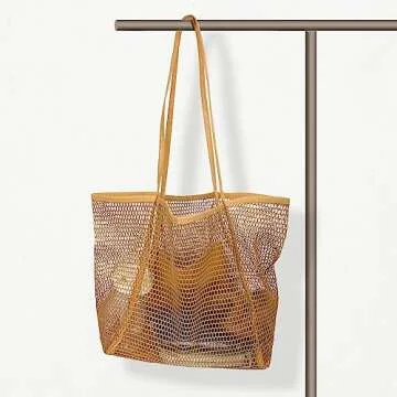 VKIOIP Women Mesh Tote Beach Bag, Casual Foldable Hobo Shoulder Bag for Picnic,Vacation(Khaki)