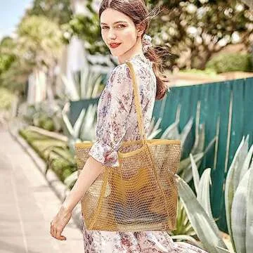 VKIOIP Women Mesh Tote Beach Bag, Casual Foldable Hobo Shoulder Bag for Picnic,Vacation(Khaki)