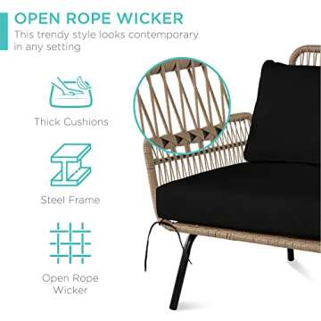 Best Choice Products Outdoor Rope Woven Sectional Patio Furniture L-Shaped Conversation Sofa Set for Backyard, Porch w/Thick Cushions, Detachable Lounger, Side Table - Natural/Black