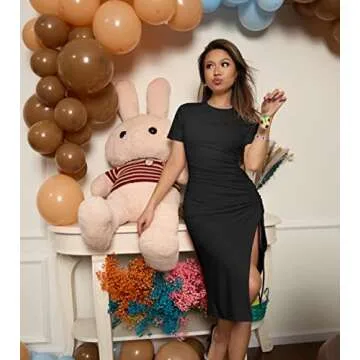 GOKATOSAU Women's Sexy Bodycon Short Sleeve Slit Ruched Summer Club Party Midi Dress Black