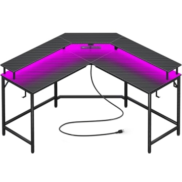 Huuger L Shaped Gaming Desk with LED Lights, Carbon Fiber & Power Outlets