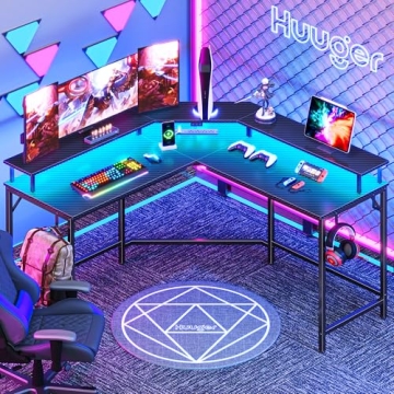 Huuger L Shaped Gaming Desk with LED Lights and Power Outlets
