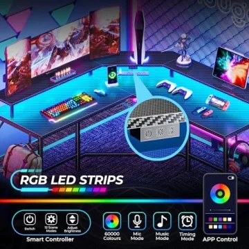 Huuger L Shaped Gaming Desk with LED Lights and Power Outlets