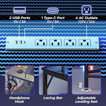 Huuger L Shaped Gaming Desk with LED Lights and Power Outlets