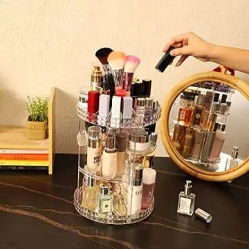 Cq acrylic 360 Degree Rotating Skin Care Organizer Countertop For Vanit,Adjustable Make up Holder Height,Clear Plastic Spinning Makeup Organizer for Skincare Beauty Product Bathroom Organizer,1Pcs