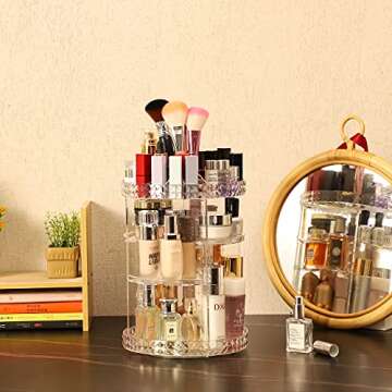Cq acrylic 360 Degree Rotating Skin Care Organizer Countertop For Vanit,Adjustable Make up Holder Height,Clear Plastic Spinning Makeup Organizer for Skincare Beauty Product Bathroom Organizer,1Pcs