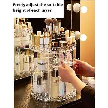 Cq acrylic 360 Degree Rotating Skin Care Organizer Countertop For Vanit,Adjustable Make up Holder Height,Clear Plastic Spinning Makeup Organizer for Skincare Beauty Product Bathroom Organizer,1Pcs