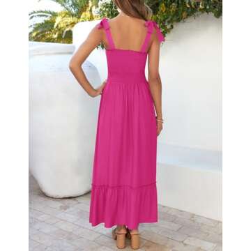 ZESICA Women's 2025 Summer Boho Spaghetti Strap Square Neck Solid Color Ruffle A Line Beach Long Maxi Dress,Rose,Small
