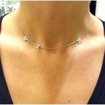 14k Sideways Initial Gold Necklace w Solitaire Diamond, Custom Multiple Letter Necklace, Personalized Solid Gold Initial Diamond Letter Necklace, Personalize Birthstone Bridesmaid Gift.