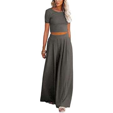 Lveberw Pajamas Set Womens, Lounge Set, Ribbed Crop Top Long Sleeve, Wide Leg Pants - Loose Sweatsuit Knit Sleepwear (S Dark Grey, Medium)