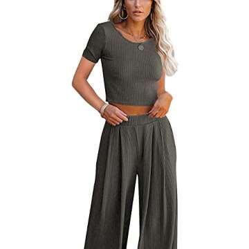 Lveberw Pajamas Set Womens, Lounge Set, Ribbed Crop Top Long Sleeve, Wide Leg Pants - Loose Sweatsuit Knit Sleepwear (S Dark Grey, Medium)