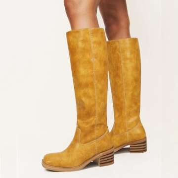 ZJGZF Womens Banana Knee High Boots Square Toe Chunky Block Heel Riding Motorcycle Biker Boots Yellow Wide Calf Long Tall Campus Boots Comfortable