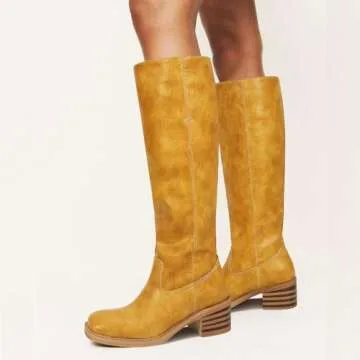 ZJGZF Womens Banana Knee High Boots Square Toe Chunky Block Heel Riding Motorcycle Biker Boots Yellow Wide Calf Long Tall Campus Boots Comfortable