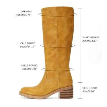 ZJGZF Womens Banana Knee High Boots Square Toe Chunky Block Heel Riding Motorcycle Biker Boots Yellow Wide Calf Long Tall Campus Boots Comfortable