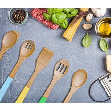 Vremi 5-Piece Bamboo Kitchen Utensils Set - Wooden Spoons and Cooking Utensils with Colorful SIlicone Handles - Nonstick Spatula Turner Mixing Forked and Slotted Wood Spoons with Hanging Holes