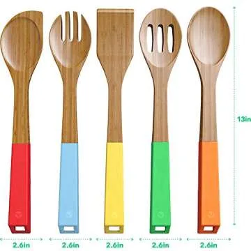 Vremi 5-Piece Bamboo Kitchen Utensils Set with Colorful Handles