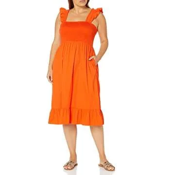 The Drop Women's Kimi Ruffled Shoulder Smocked Midi Dress, Fire Orange, XS
