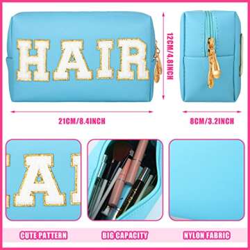 Sotiff 2 Pcs Preppy Patch Makeup Bag Waterproof Chenille Letter Cosmetic Bag Portable Toiletry Bag Zipper Pouch Travel Organizer for Women(Blue, Pink,Stylish Style)