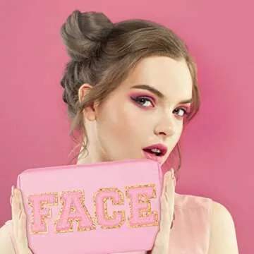 Sotiff 2 Pcs Preppy Patch Makeup Bag Waterproof Chenille Letter Cosmetic Bag Portable Toiletry Bag Zipper Pouch Travel Organizer for Women(Blue, Pink,Stylish Style)