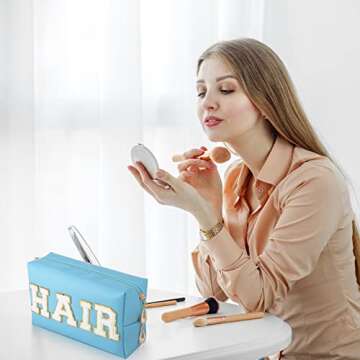 Sotiff 2 Pcs Preppy Patch Makeup Bag Waterproof Chenille Letter Cosmetic Bag Portable Toiletry Bag Zipper Pouch Travel Organizer for Women(Blue, Pink,Stylish Style)