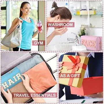 Sotiff 2 Pcs Preppy Patch Makeup Bag Waterproof Chenille Letter Cosmetic Bag Portable Toiletry Bag Zipper Pouch Travel Organizer for Women(Blue, Pink,Stylish Style)