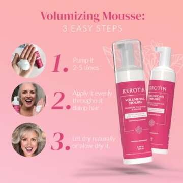 Kerotin Volumizing Mousse, Root Volumizer, Hair Thickening Styling Foam for Volume, Texture & Body, Tames Frizz & Flyaways, Ideal for Fine and Thin Hair, Cruelty Free, Made in the USA