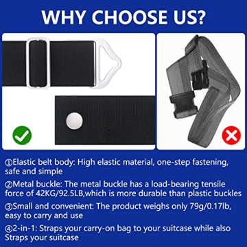 2 Pack Travel Belt Luggage Straps Over Handle for Carry On Bag, Moxikison 2-in-1 Adjustable Travel Luggage Belt for Suitcase Add a Bag with Alloy Buckle Elastic Strap, Travel Accessories, Black