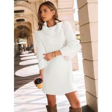 LILLUSORY Womens Turtleneck Oversized Long Sweater Dress 2025 Plus Size Tunic Pullover Knit Fall Dresses White L