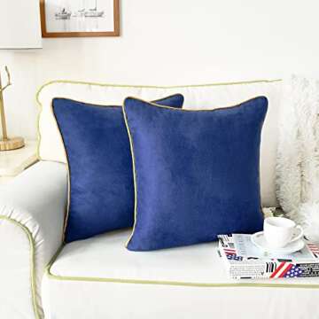 CaliTime Throw Pillow Covers Pack of 2 Super Soft Faux Suede Gold Piping Edge Accent Cushion Cases for Couch Bed Sofa Farmhouse Decorative 16 X 16 Inches Navy Blue