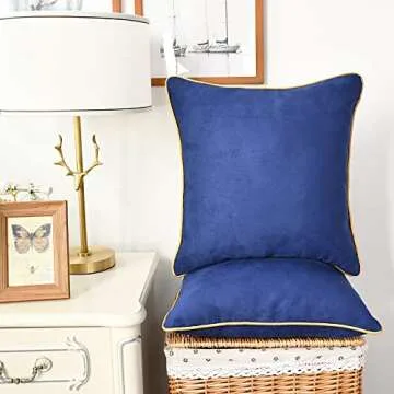 CaliTime Throw Pillow Covers Pack of 2 Super Soft Faux Suede Gold Piping Edge Accent Cushion Cases for Couch Bed Sofa Farmhouse Decorative 16 X 16 Inches Navy Blue