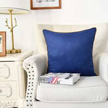 CaliTime Throw Pillow Covers Pack of 2 Super Soft Faux Suede Gold Piping Edge Accent Cushion Cases for Couch Bed Sofa Farmhouse Decorative 16 X 16 Inches Navy Blue