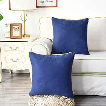 CaliTime Throw Pillow Covers Pack of 2 Super Soft Faux Suede Gold Piping Edge Accent Cushion Cases for Couch Bed Sofa Farmhouse Decorative 16 X 16 Inches Navy Blue
