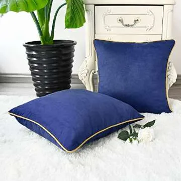 CaliTime Throw Pillow Covers Pack of 2 Super Soft Faux Suede Gold Piping Edge Accent Cushion Cases for Couch Bed Sofa Farmhouse Decorative 16 X 16 Inches Navy Blue