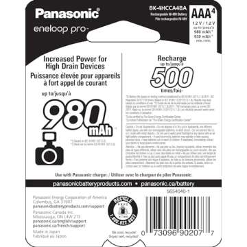 Panasonic BK-4HCCA4BA eneloop Pro AAA High Capacity Ni-MH Pre-Charged Rechargeable Batteries, 4 Pack