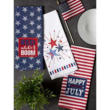 DII Patriotic Dish Towel Set 18x28, Decorative Kitchen Towels, Red White & Boom, 3 Count
