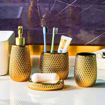 Gold Bathroom Accessory Set 4 Piece Ceramic Bath Accessories Sets Complete, Rain- Drop Shaped Bathroom Essential with Toothbrush Holder & Dish, Tumbler, Soap Dispenser Set for Bath Decor