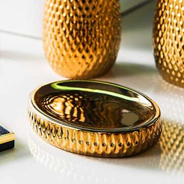 Gold Bathroom Accessory Set 4 Piece Ceramic Bath Accessories Sets Complete, Rain- Drop Shaped Bathroom Essential with Toothbrush Holder & Dish, Tumbler, Soap Dispenser Set for Bath Decor