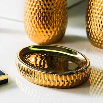 Gold Bathroom Accessory Set 4 Piece Ceramic Bath Accessories Sets Complete, Rain- Drop Shaped Bathroom Essential with Toothbrush Holder & Dish, Tumbler, Soap Dispenser Set for Bath Decor