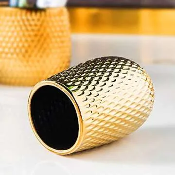 Gold Bathroom Accessory Set 4 Piece Ceramic Bath Accessories Sets Complete, Rain- Drop Shaped Bathroom Essential with Toothbrush Holder & Dish, Tumbler, Soap Dispenser Set for Bath Decor