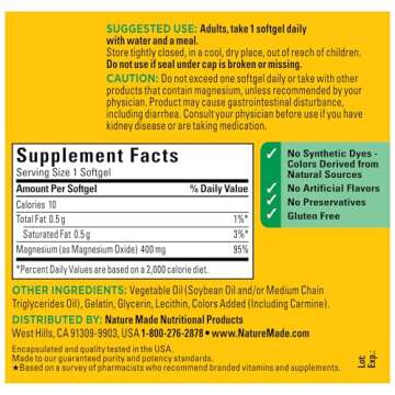 Nature Made Extra Strength Magnesium Oxide 400 mg, Magnesium Supplement for Muscle, Nerve, Bone and Heart Support, 110 Softgels, 110 Day Supply