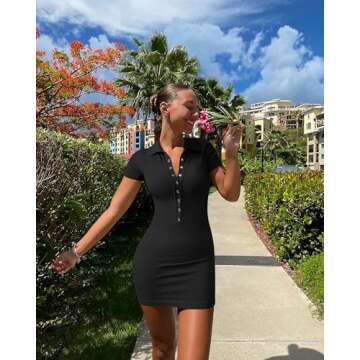 OQQ Women's Mini Dresses Sexy Short Sleeve Stretch Ribbed Tummy Control Bodycon Mini Dress Black