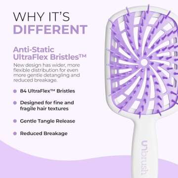 FHI Heat UNbrush Plus — Curly Hair Brush for Gentle & Effective Detangling on Wet or Dry Fragile Hair Types — Detangler Brush w/ 84 UltraFlex Bristles, Ultra-light, Vented, Anti Static Hairbrush